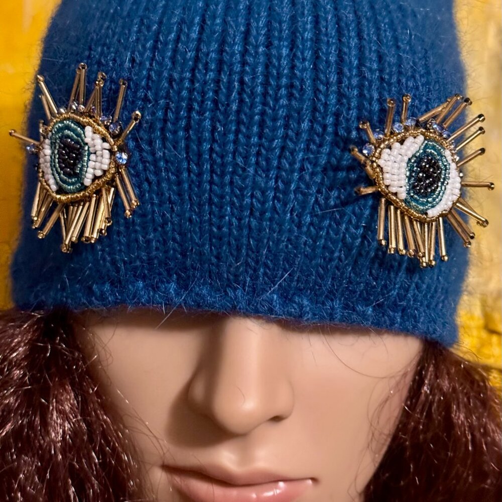 Unique OOAK Handmade Blue Wool Beaded Evil Eye Beanie Hat - Picture 5 of 9